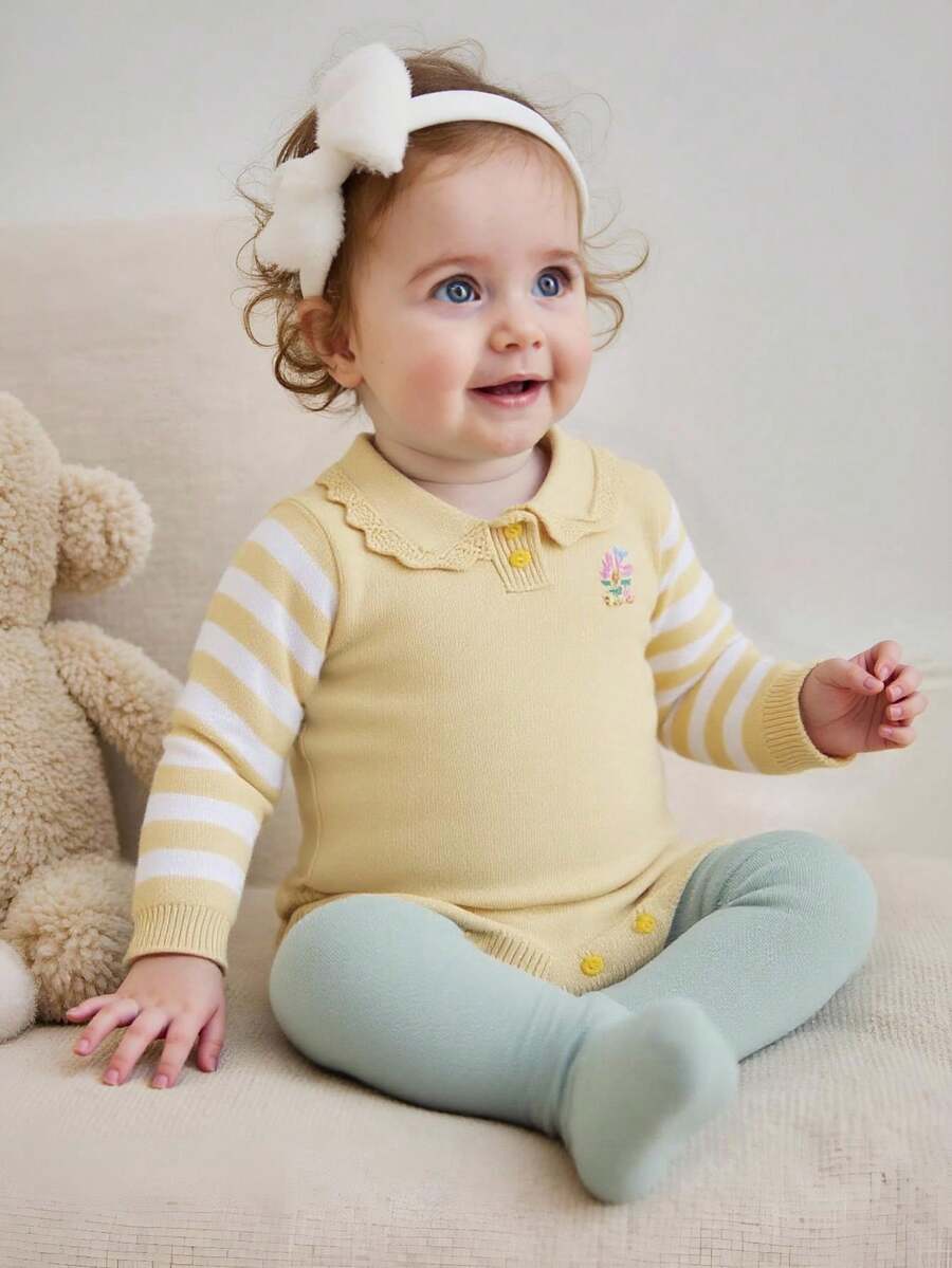 Toddler Girls' Cute Knitted Romper, Spring/Autumn - Yellow - View 1