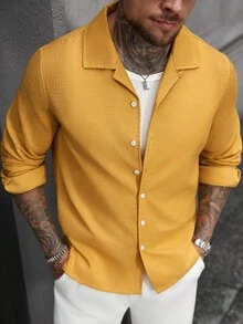 Manfinity Homme Men's Solid Yellow Bamboo Texture Casual Fashion Cuban Collar Long Sleeve Shirt, Fall - Yellow - View 5