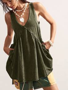 Bohemela 休闲纯色针织V领宽松女式迷你连衣裙