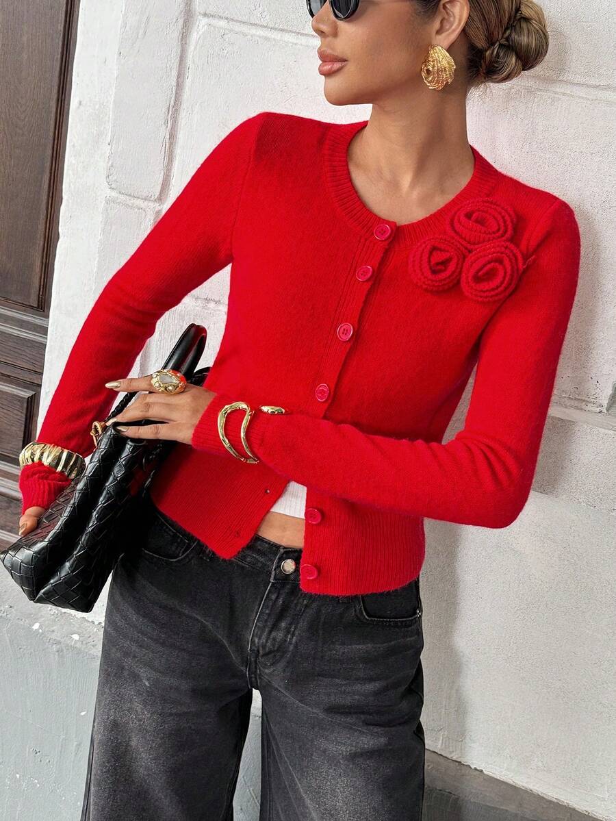 Pariaura Áo khoác cardigan cài nút họa tiết hoa thanh lịch dành cho nữ, ôm sát, màu đỏ, thu/đông - Đỏ - Xem 1