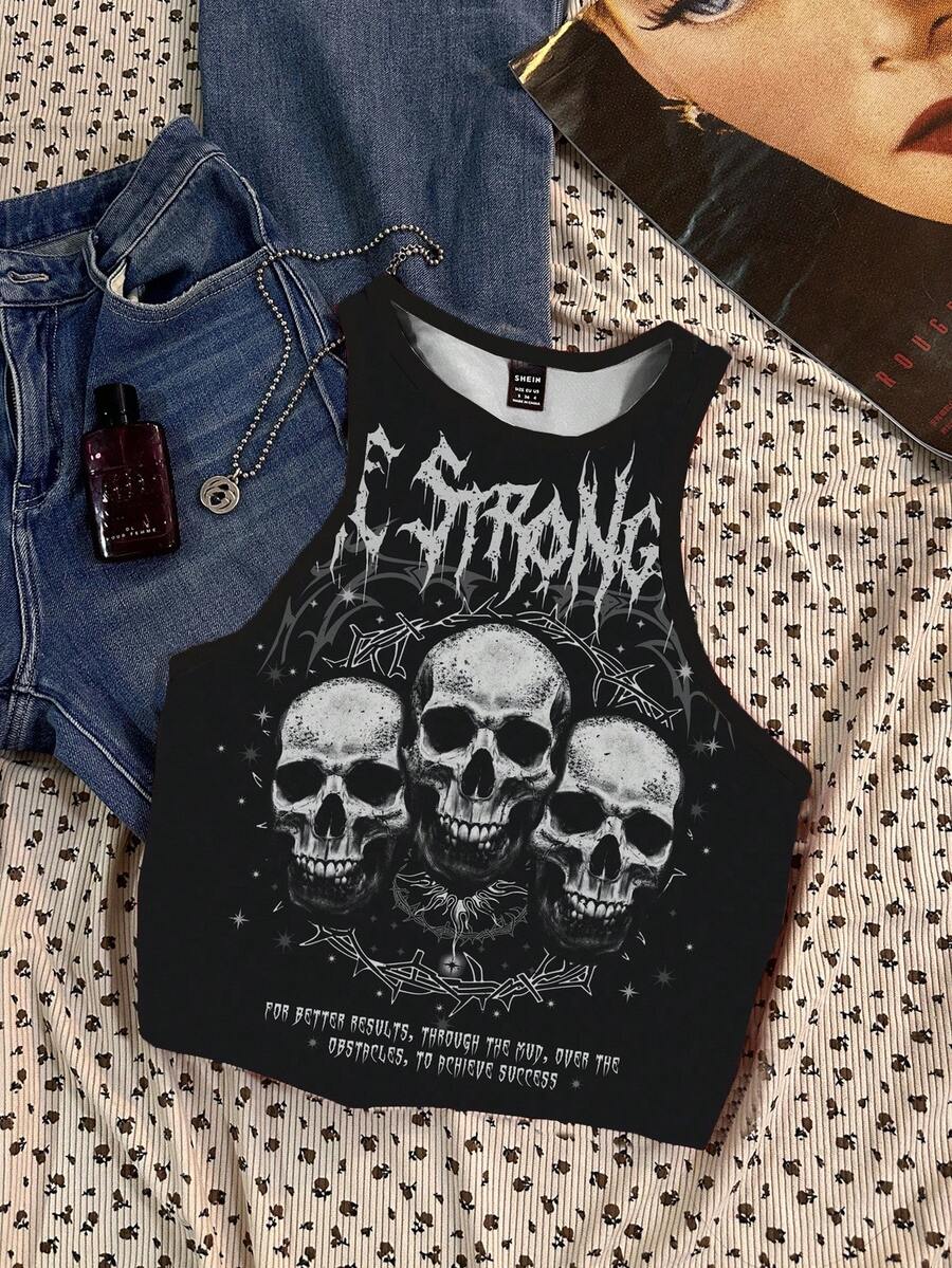 Attitoon 休闲街头朋克暗黑骷髅图案圆领紧身女式背心，夏季万圣节 - 白色 - 查看 1
