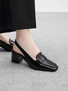 CUCCOO BIZCHIC 黑色方头粗跟时尚简约女式高跟鞋，后系带露跟鞋，适合度假、通勤、百搭装扮 - 黑色 - 查看 7
