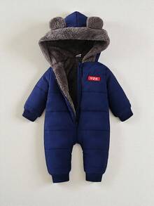 SHEIN Playful Pals 1 bộ đồ liền quần có mũ trùm đầu màu trơn cho bé trai, mềm mại và thoải mái, phong cách thường ngày dễ thương, thích hợp cho hoạt động ngoài trời, du lịch, hàng ngày, mùa thu/đông - Màu xanh lam - Xem 3