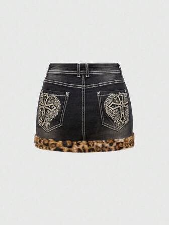 Grunge Punk Minifalda de mezclilla con alas bordadas para mujer, estilo Y2K Baddie para otoño/invierno