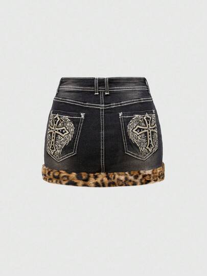 Grunge Punk Women's Y2K Baddie Autumn/Winter Denim Mini Skirt With Embroidered Wings