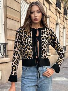 Chiquease 女式秋冬豹纹系带喇叭袖开衫 - 彩色 - 查看 3