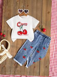 SHEIN Playful Pals 2pcs Baby Girls Cherry Print Round Neck Short Sleeve Top And Denim Long Pants Cherry Embroidery Outfit, Fruit Pattern Sweet Style, Comfortable Fit, Suitable For Daily Outings, Casual Home, And Joyful Parties - Multicolor - View 8