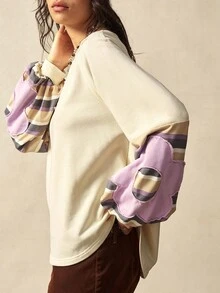 Bohemela Áo nỉ tay dài cổ tròn dệt kim chắp vá thông thường dành cho nữ vào mùa thu/đông - Màu Khaki - Xem 1