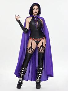 ROMWE Avant 2 piezas Disfraz de Halloween para Mujer - Mono con nudo delantero y capa con capucha morada - Multicolor - Ver 4