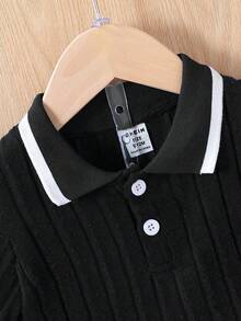 SHEIN Playful Pals 2 件套男婴靛蓝 Polo 衫和短裤套装，粗罗纹面料，适合日常户外玩耍、上学、度假，风格优雅，适合家庭休闲、运动和社交聚会，幼儿/婴儿服装，男女通用，夏季 - 黑色 - 查看 4