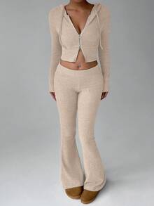 FavEase Apricot Fleece Knitted Texture Stand Collar Zipper Front Cropped Hoodie And Retro Flare Leg Long Pants, Simple Casual Sports Minimalist All-Match Essential Wardrobe, Women Spring Autumn Set Fall Cloth For Women