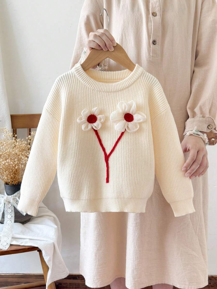 SHEIN Back-To-School White Autumn Fairy School Girl Handmade 3D Embroidered Floral Knit Sweater,Young Girl Round Neck Simple Sweet All-Match Warm Pullover - Beige - View 1