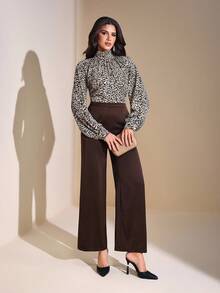 JIAN LASALA 中腰阔腿女士纯色长裤 秋冬休闲装 新年穿搭 婚礼宾客 奢华时尚服装系列 - 棕色 - 查看 6