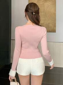 DAZY Women's Elegant Casual Fashion Colorblock Faux Fur Collar Round Neck Knit Sweater With Metal Button Decor, Pink, Autumn/Winter