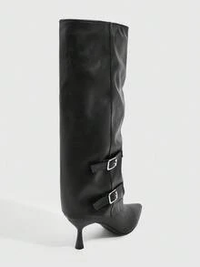 CUCCOO SZL 女士时尚性感尖头细高跟中筒靴，黑色套脚 - 黑色 - 查看 3