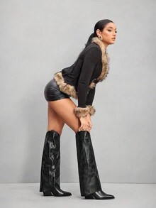 CUCCOO SZL Cuccoo 尖头过膝粗跟高筒靴，性感女式马靴 - 黑色 - 查看 2