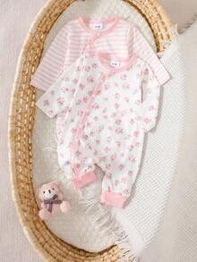 SHEIN 新生女宝宝印花纽扣圆领长袖连体衣秋冬款 - 粉色 - 查看 3