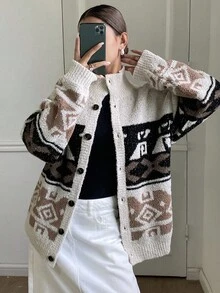 Livesso Women's Loose Casual Vacation Fashion Colorblock Patchwork Geometric Floral Retro Print Knit Cardigan, Autumn/Winter - Beige - View 1