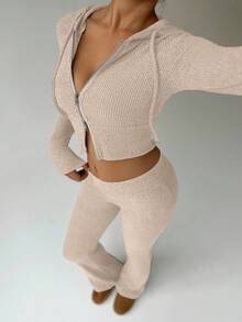 FavEase Apricot Fleece Knitted Texture Stand Collar Zipper Front Cropped Hoodie And Retro Flare Leg Long Pants, Simple Casual Sports Minimalist All-Match Essential Wardrobe, Women Spring Autumn Set Fall Cloth For Women