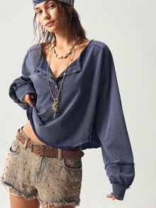 Bohemela 波西米亚风女士休闲纯色不对称下摆圆领半开襟宽松长袖水洗宽松卫衣，饰有星星图案，复古西部乡村风格，适合音乐会、度假、返校、万圣节等场合，秋冬季穿着。 - 藏蓝色 - 查看 3