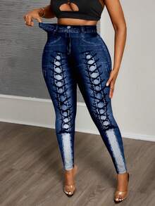 Slaydiva 大码简约图案印花紧身裤，秋冬季休闲装 - 白色 - 查看 5