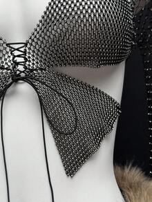 SHEIN Unity Women's Rhinestone Fishnet Cropped Top, Suitable For Birthday Party, Carnival - Black - View 5