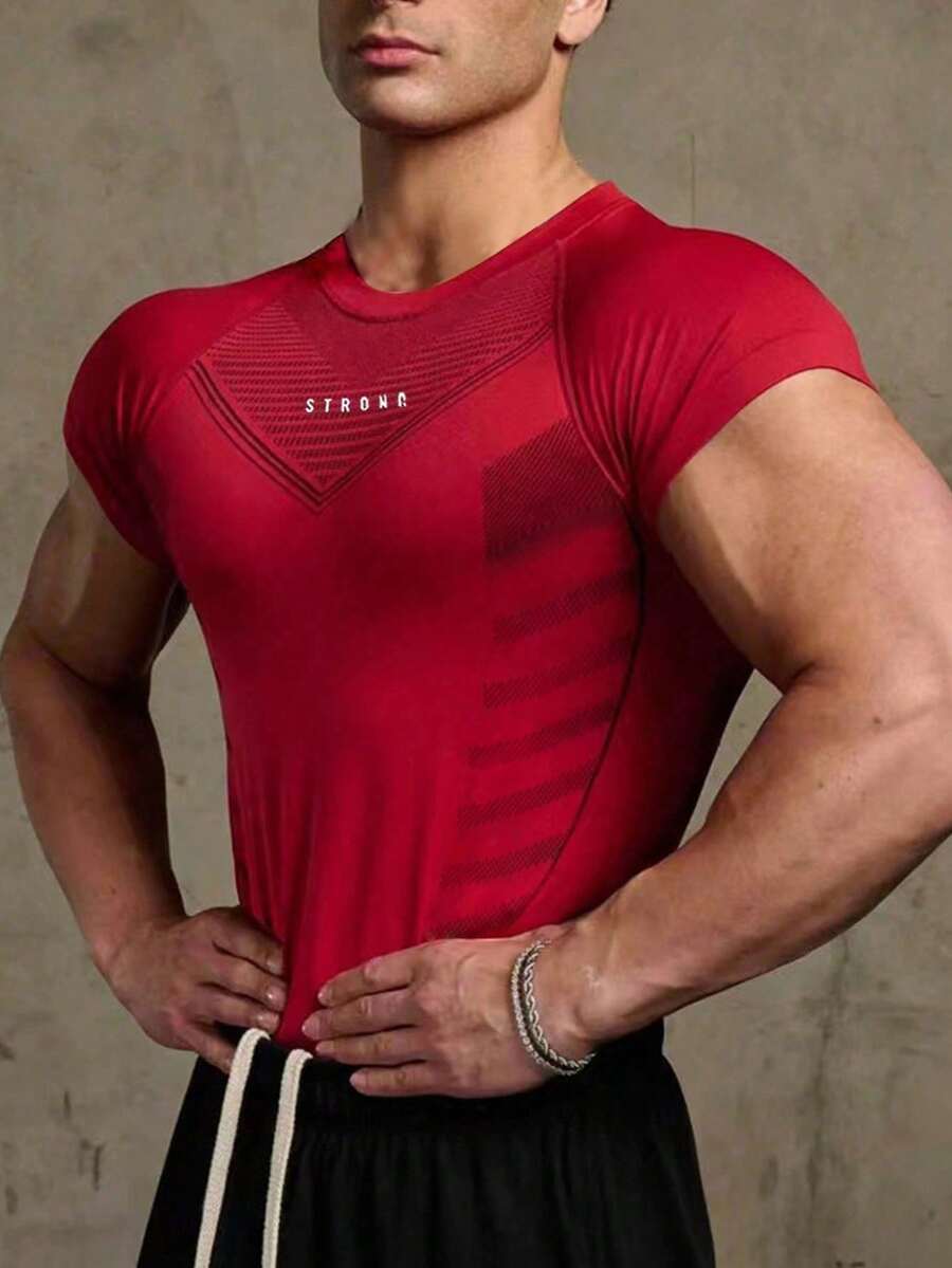 Manfinity Sport PWRUP Boyfriend Style Men Letter Graphic Raglan Sleeve Sports Tee Workout Tops Basic T Shirt Workout Tops Gym Top Christmas Compression Shirt Breathable Fitted Shirt Crew Neck