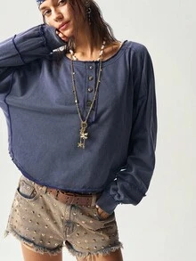 Bohemela 波西米亚风女士休闲纯色不对称下摆圆领半开襟宽松长袖水洗宽松卫衣，饰有星星图案，复古西部乡村风格，适合音乐会、度假、返校、万圣节等场合，秋冬季穿着。 - 藏蓝色 - 查看 2