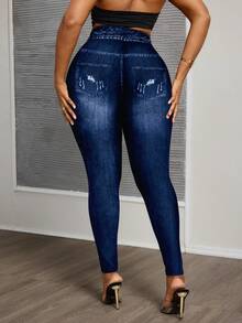 Slaydiva 大码简约图案印花紧身裤，秋冬季休闲装 - 白色 - 查看 2