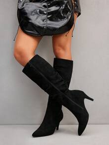 CUCCOO SZL Pointed Toe Ruched Chic Niche Pleated Gold High Heel Stacked Knee-High Boots, Elegant French Style For Women For Christmas Spring Shoes - Black - View 5