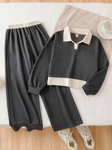 Sparklyn 2 sztuki/zestaw bluza z długim rękawem i kołnierzykiem koszulowym dla młodych dziewcząt, w kolorze szarym, z elastycznym pasem i szerokimi nogawkami, dopasowany krój, styl casualowy, wiosna/jesień