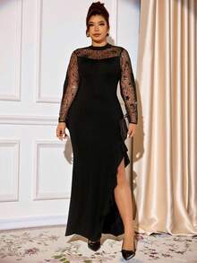 Cravure Women's Plus Size Elastic Mesh Splicing Hot Diamond Slim Fit Elegant Long Slit Fishtail Dress Club Party Spring Dress Evening Dress Formal Women Dresses Fall Cloth For Women