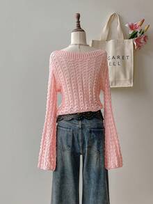 SHEIN Unity Pale Pink Hollow Out Boat Neck Flare Sleeve Sweater For Women - Pink - View 2