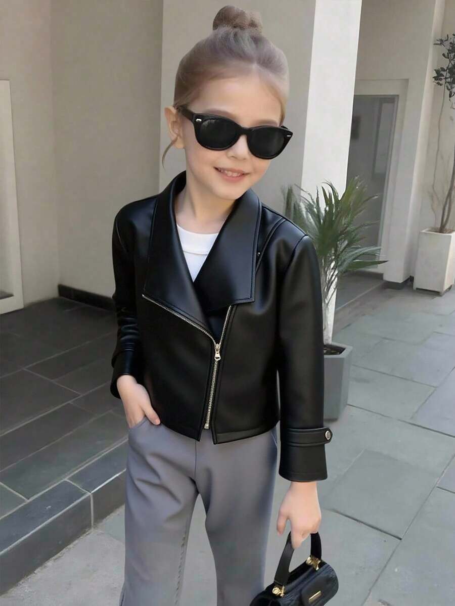 SHEIN Elladie kids 1 Áo khoác da giả cho bé gái, trang phục ngoài trời thiết yếu cho mùa thu, phong cách đường phố phù hợp cho các buổi đi chơi thường ngày và mặc hàng ngày - màu đen - Xem 1