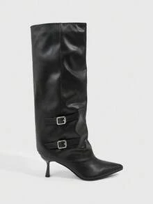 CUCCOO SZL 女士时尚性感尖头细高跟中筒靴，黑色套脚 - 黑色 - 查看 2