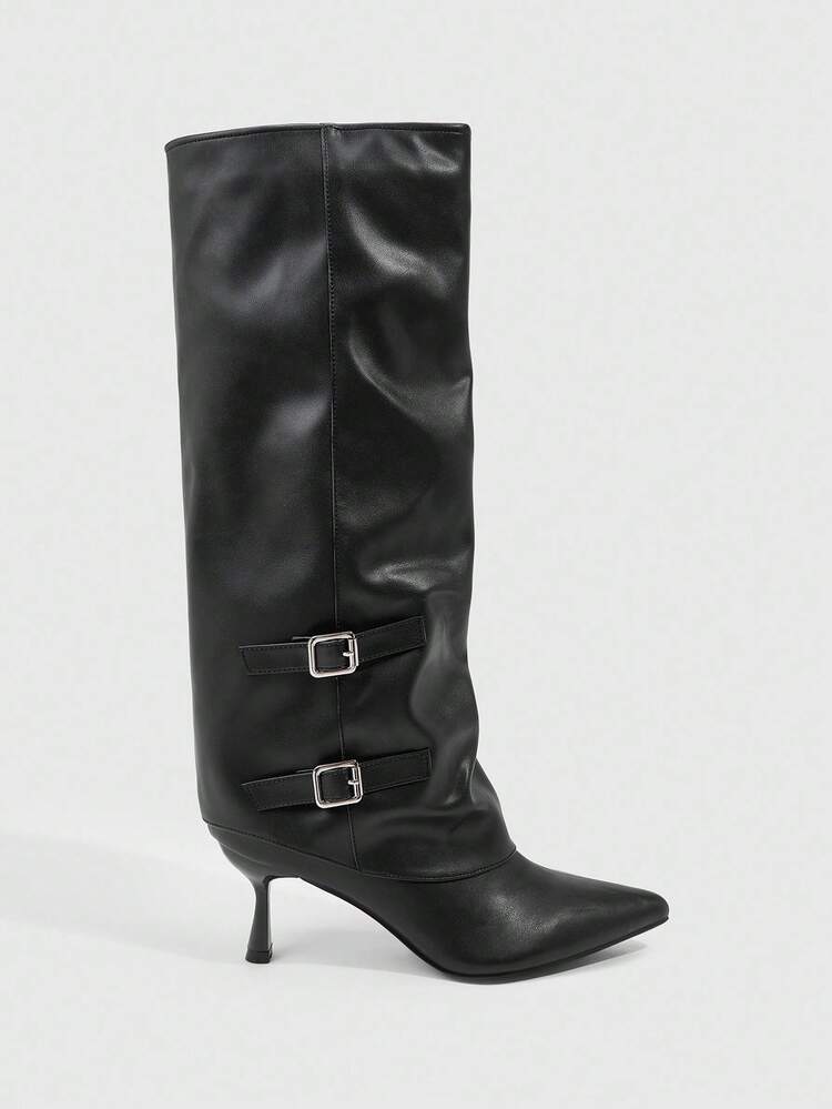 CUCCOO SZL Women's Fashion Sexy Pointed Toe Stiletto Heel Mid-Calf Boots, Black Pull-On