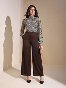 JIAN LASALA 中腰阔腿女士纯色长裤 秋冬休闲装 新年穿搭 婚礼宾客 奢华时尚服装系列 - 棕色 - 查看 7