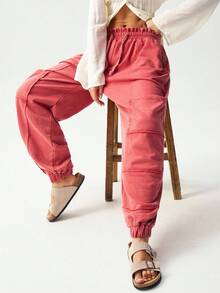 Bohemela Women's Solid Color Loose Knit Drawstring Pants - Red - View 3