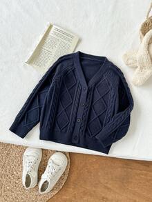 SHEIN Vintaside Kids Cárdigan para niñas, azul marino, suéter de punto grueso con patrón de trenzado de cuerda, diseño clásico de diamante, versátil y cómodo, cálido para Halloween, Navidad, primavera y otoño - azul real - Ver 3
