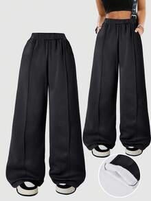 少女休闲纯色针织保暖内衬厚裤，带侧袋，前部缝合紧密，秋冬舒适运动裤