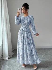 Modelyn 女式夏季雪纺蝴蝶印花褶饰圆领长袖连衣裙 - 藍色 - 查看 4