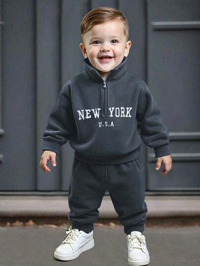 SHEIN Playful Pals Conjunto de 2 peças de moletom com zíper e calça de moletom relaxada com estampa de letras para bebê menino, roupa casual de outono