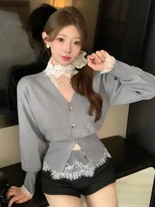 DAZY Women's Fashion Elegant Grey Autumn Waist Cinched Cardigan,High Collar Lace Trim Mesh Patchwork Layering Sweater,Suitable For Wedding,Party,Casual - Grey - View 1
