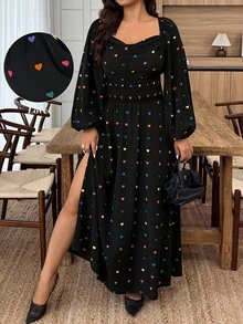 Weeklong Plus Size Heart Print V-Neck High Slit Long Sleeve Dress, Random Print Fall Cloth For Women - Black - View 5