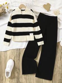 SHEIN 青少年女孩休闲罗纹高领黑白条纹毛衣和纯黑色阔腿裤两件套，适合秋冬季 - 黑與白 - 查看 2