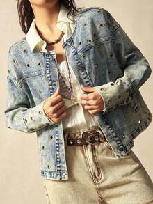 Bohemela Autumn/Winter Boho Casual Solid Color Woven Metal Eyelet Denim Loose Fit Cropped Jacket For Women