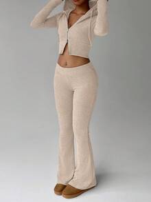 FavEase Apricot Fleece Knitted Texture Stand Collar Zipper Front Cropped Hoodie And Retro Flare Leg Long Pants, Simple Casual Sports Minimalist All-Match Essential Wardrobe, Women Spring Autumn Set Fall Cloth For Women