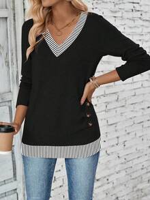 SHEIN LUNE V领侧褶按扣条纹领长袖T恤 - 彩色 - 查看 4