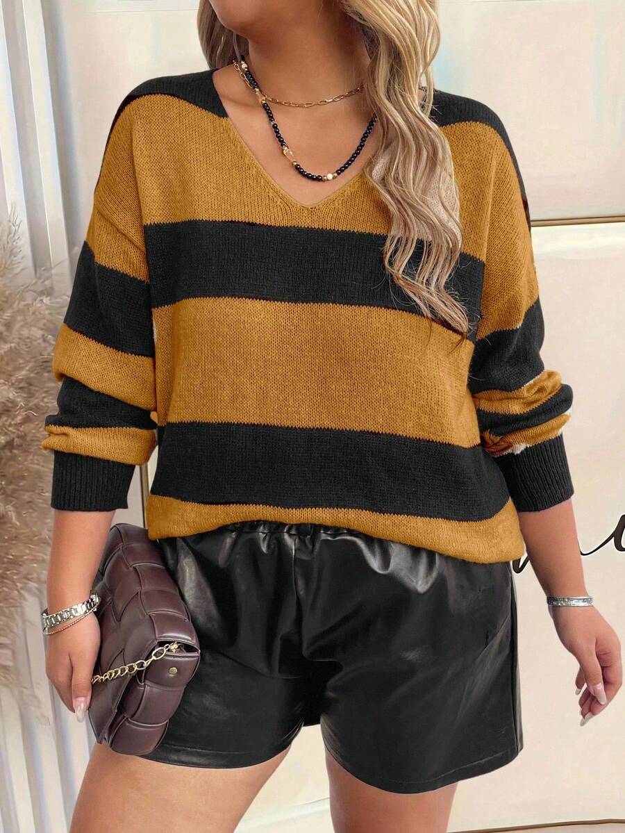 SHEIN Clasi 大码女式条纹 V 领落肩长袖休闲宽松针织毛衣，秋季 - 亮橙色 - 查看 1