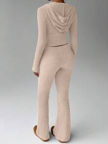 FavEase Apricot Fleece Knitted Texture Stand Collar Zipper Front Cropped Hoodie And Retro Flare Leg Long Pants, Simple Casual Sports Minimalist All-Match Essential Wardrobe, Women Spring Autumn Set Fall Cloth For Women